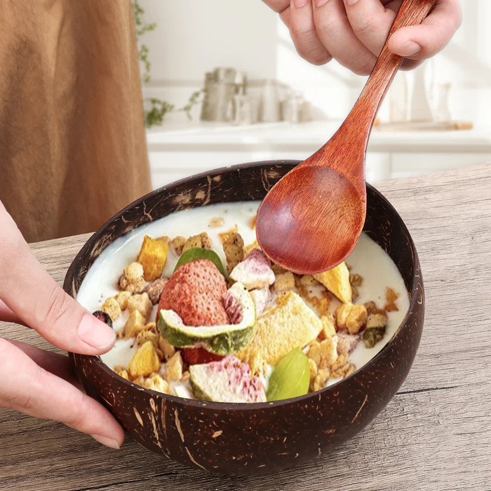 550/400/300Ml Natural Coconut Bowl Dinner Set Handmade Wooden Tableware Wood Spoon Dessert Fruit Salad Mixing Rice Ramen Bowl