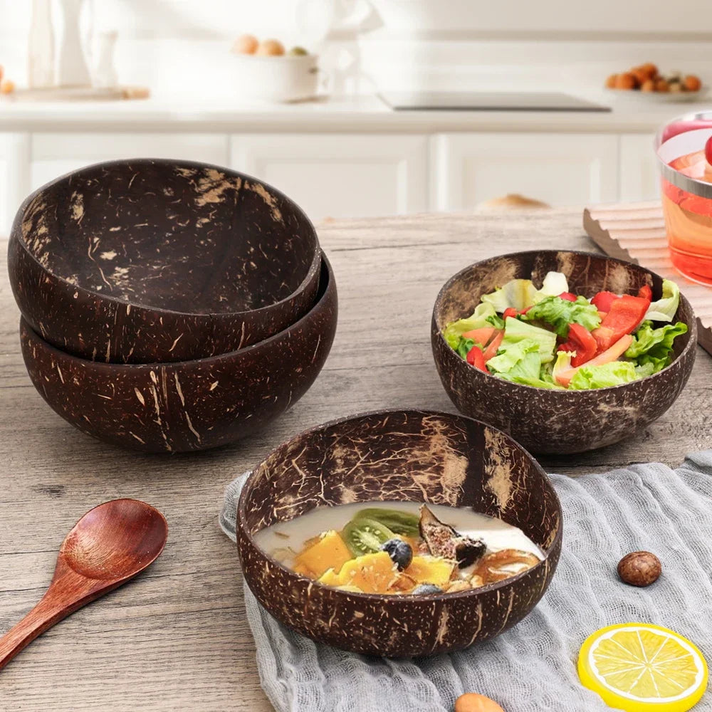 550/400/300Ml Natural Coconut Bowl Dinner Set Handmade Wooden Tableware Wood Spoon Dessert Fruit Salad Mixing Rice Ramen Bowl