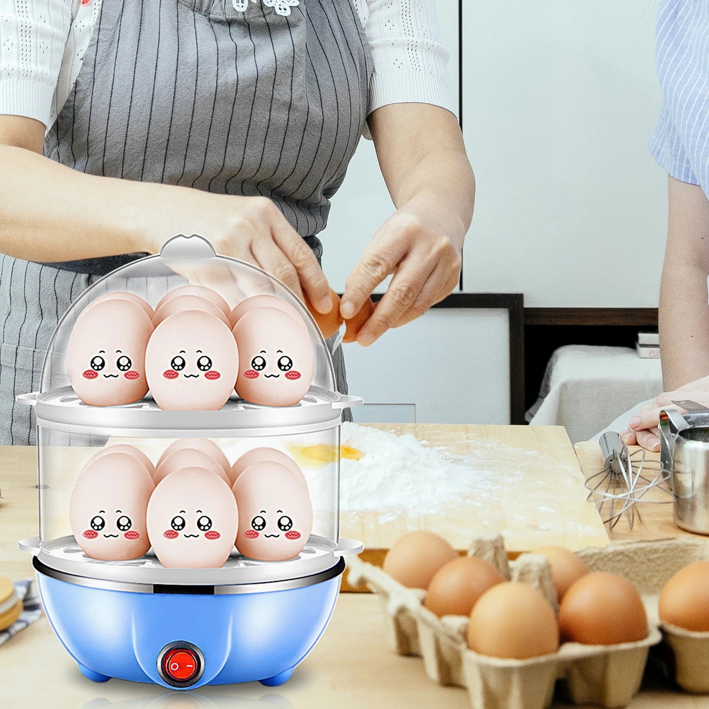 Double Layer Egg Cooker 14 Egg Capacity Hard Boiled Egg Cooker Anti-dry Electric Egg Boiler with 40mL Measuring Cup Steam