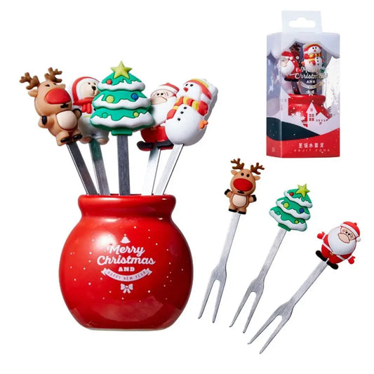 1 Set Christmas Tree Stainless Steel Dessert Fruit Forks With Holder Set Mini Cute Salad Food Cutlery Dinnerware Kitchen Gadgets