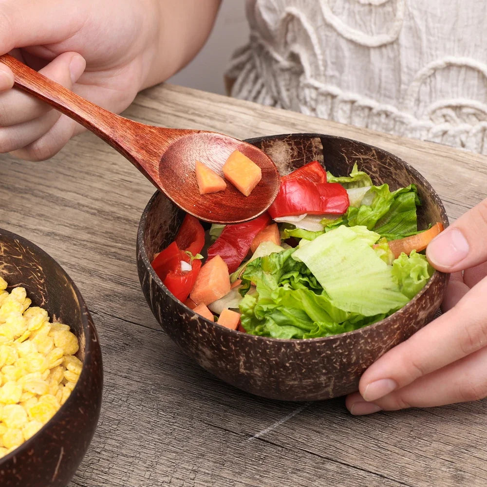 550/400/300Ml Natural Coconut Bowl Dinner Set Handmade Wooden Tableware Wood Spoon Dessert Fruit Salad Mixing Rice Ramen Bowl