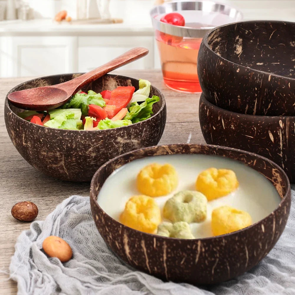 550/400/300Ml Natural Coconut Bowl Dinner Set Handmade Wooden Tableware Wood Spoon Dessert Fruit Salad Mixing Rice Ramen Bowl