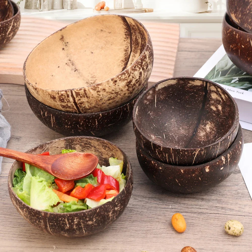 550/400/300Ml Natural Coconut Bowl Dinner Set Handmade Wooden Tableware Wood Spoon Dessert Fruit Salad Mixing Rice Ramen Bowl